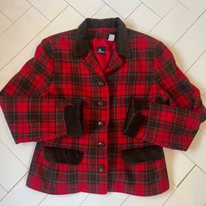 Lizsport Wool-Blend Red Plaid Barn Jacket w/ Suede Trim – Size 10